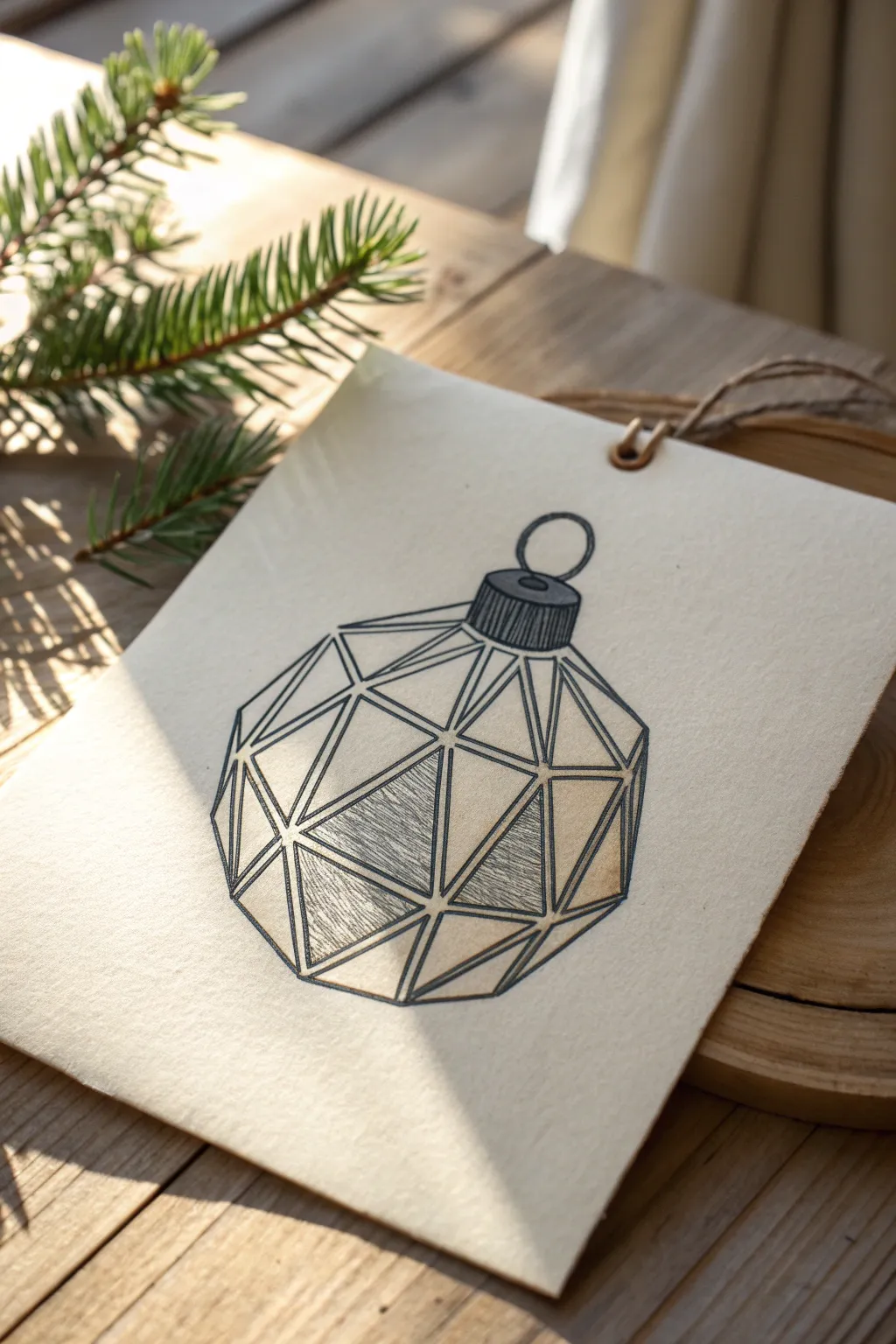 Faceted geometric ornament sketch with crisp planes and minimalist shading for modern holiday art