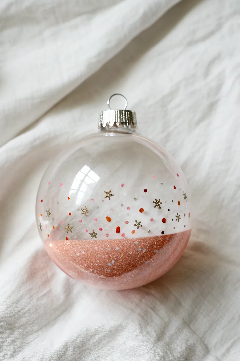 Half-painted ornament with a clear confetti window, minimalist flat-lay with soft boho touches