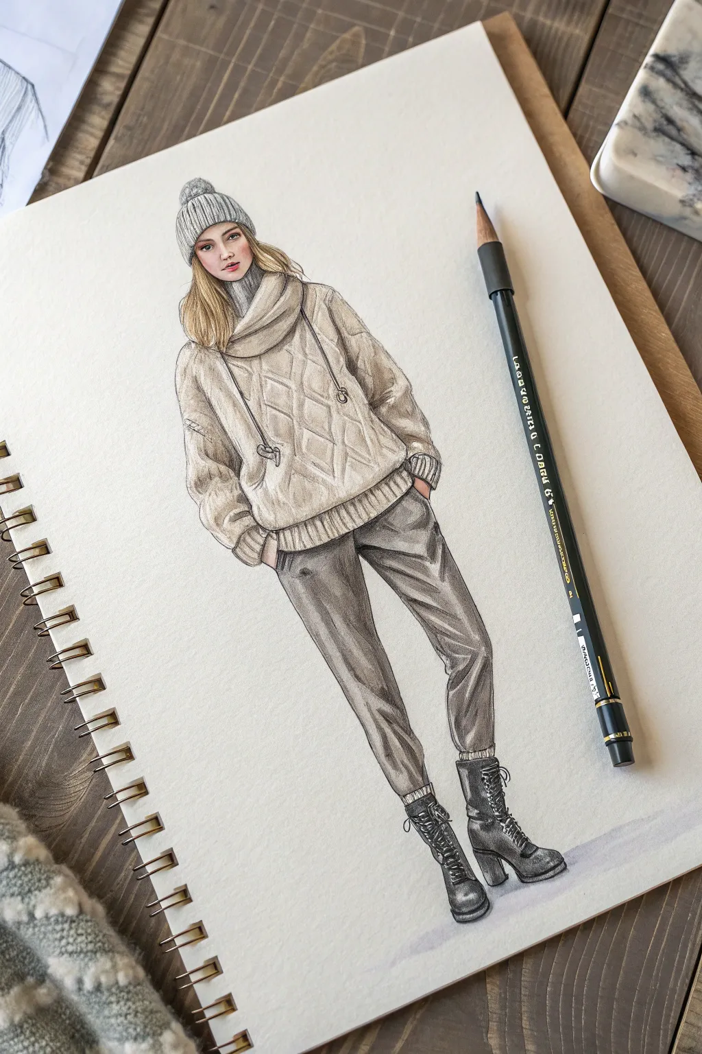 Winter layers illustration: chunky sweater, beanie, fitted pants and tall boots in calm neutrals