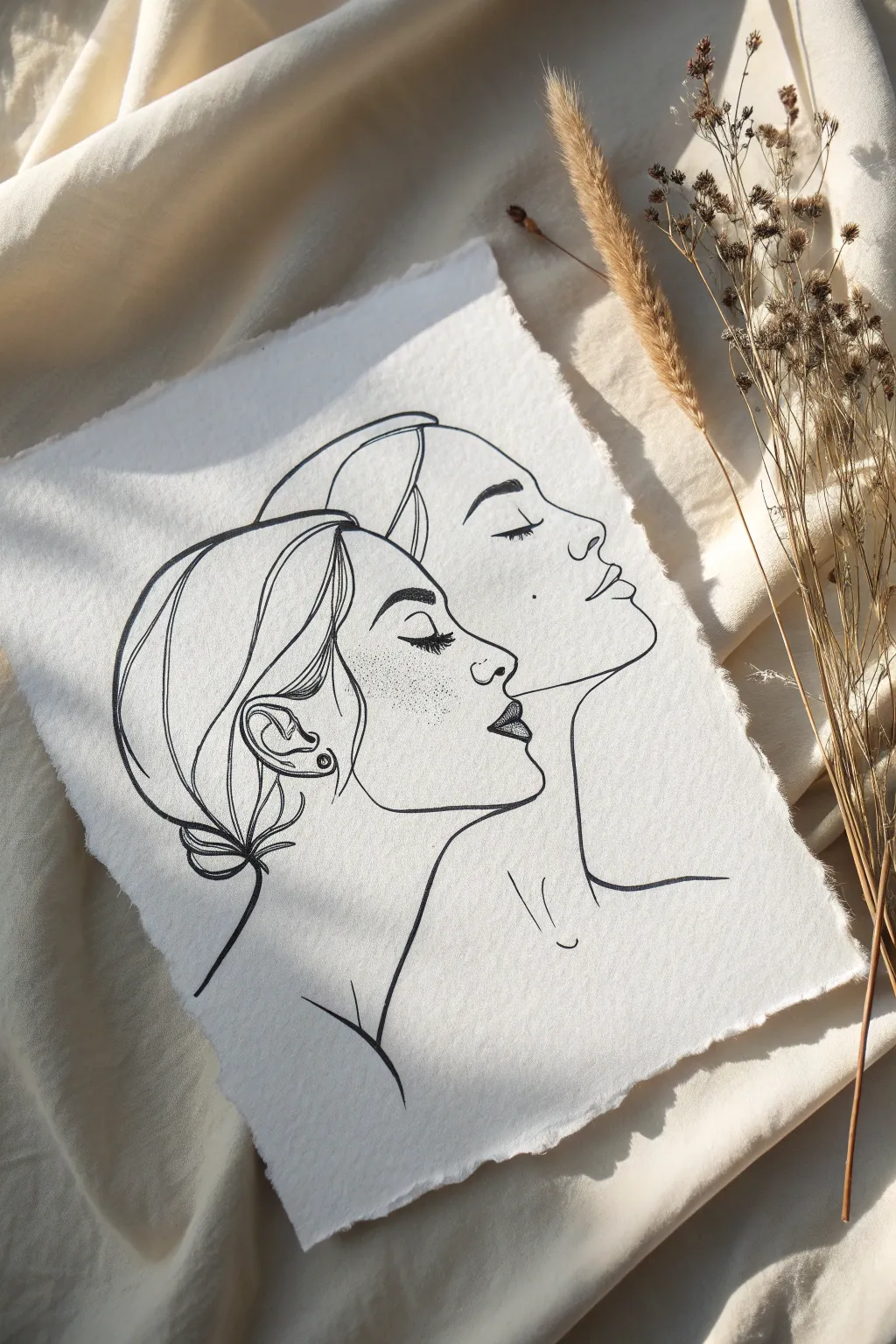 Overlapping portrait profiles with a softly shaded intersection for a clean, modern art idea.