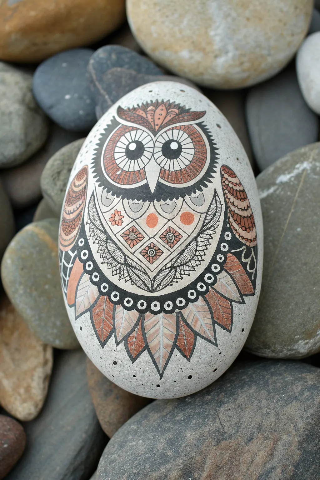Mandala chest owl rock with crisp dotwork symmetry in calm Scandinavian boho natural tones.
