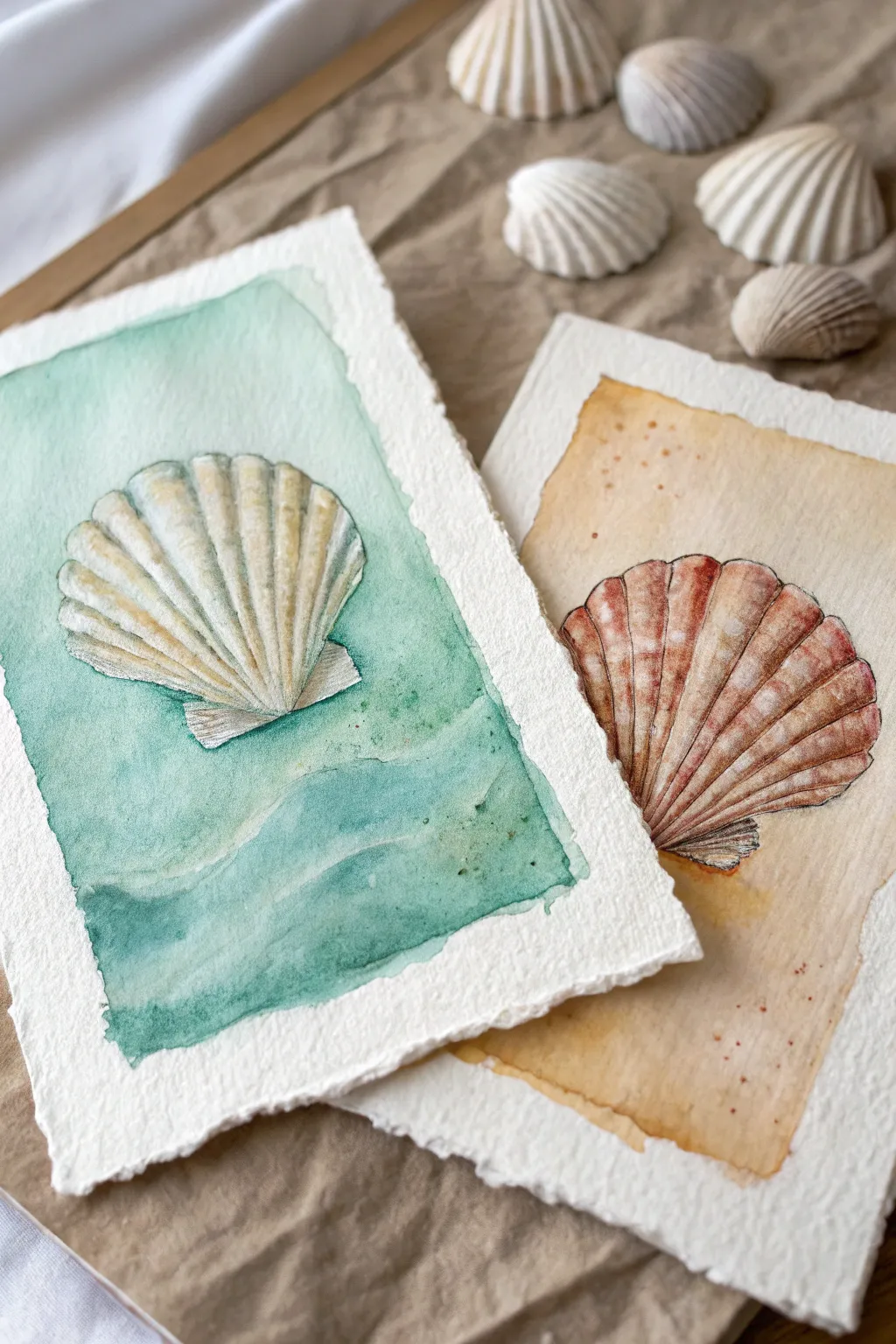 Minimalist oyster diptych with seafoam and sand washes, crafted for a calm coastal vibe