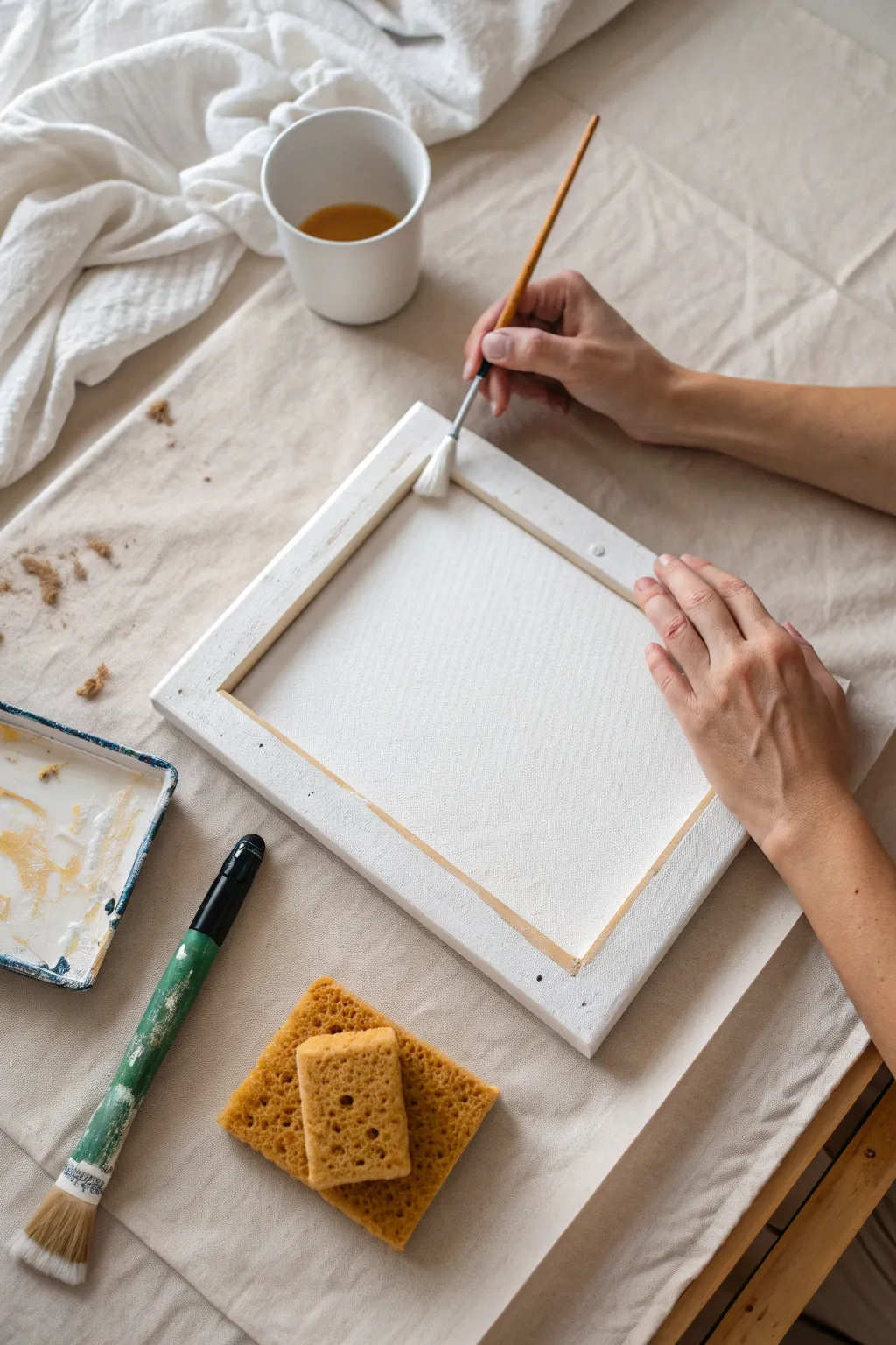 Create tactile texture with a card and sponge for a cozy paint and sip at home setup