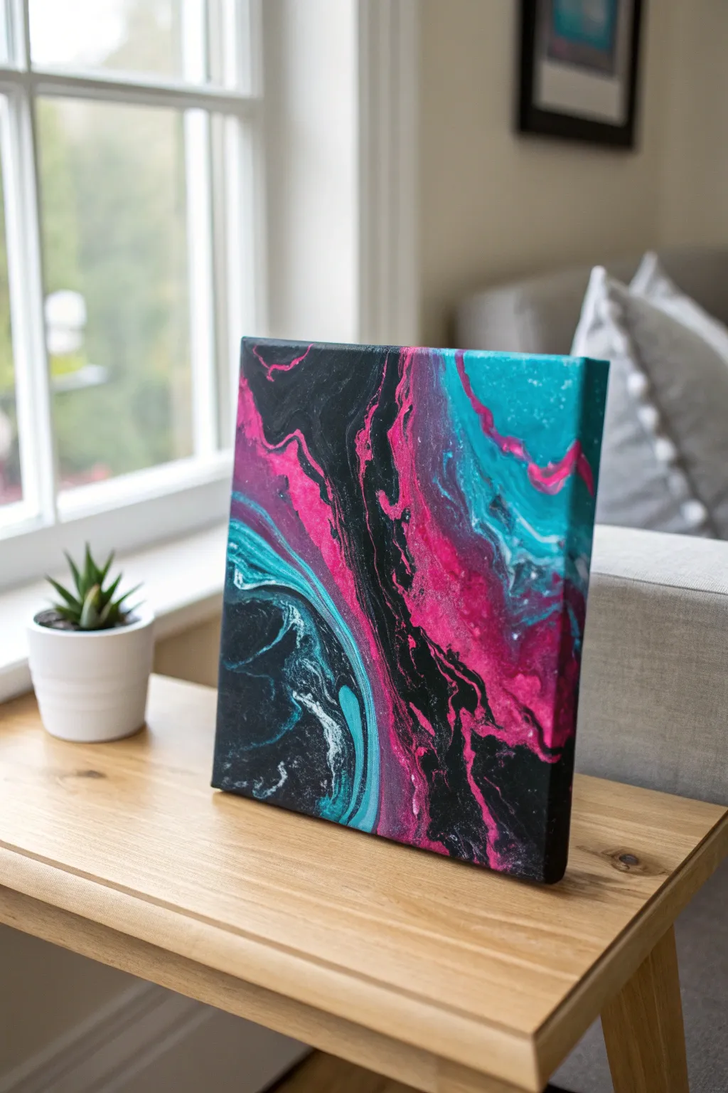 Neon two-color pour vibes on a dark canvas, perfect for a fun paint-and-sip night at home