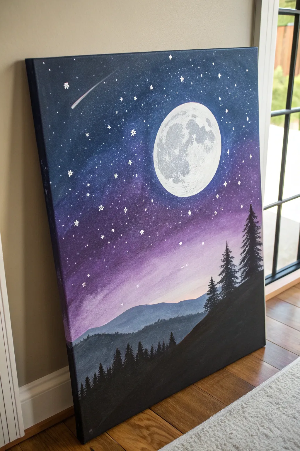 Big moon over a dreamy gradient sky, an easy paint and sip scene with simple star splatters.