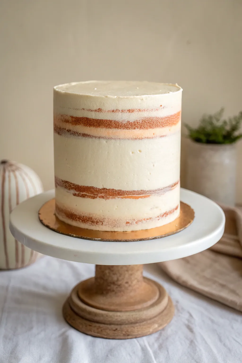 Minimalist stripe cake with one bold brushstroke band, Scandinavian calm with boho texture.