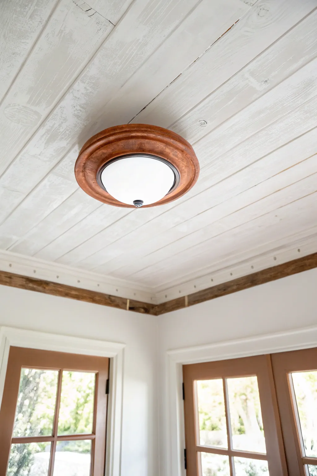Minimal ceiling halo paint idea: a warm terracotta ring that turns a simple light into art.
