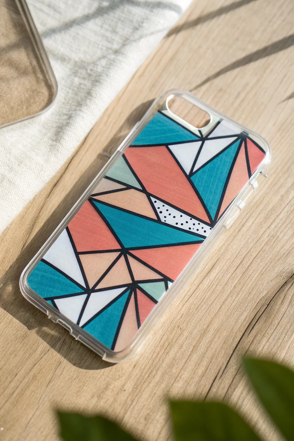 Bold geometric pop-art phone case painted with markers, clean lines and bright color blocks.