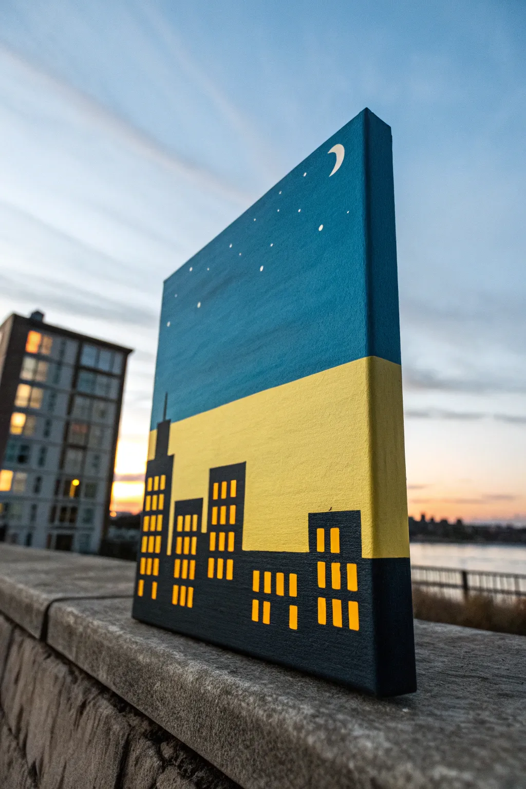 Paint night idea: minimalist color-block skyline with a bold gradient night sky and glowing windows.
