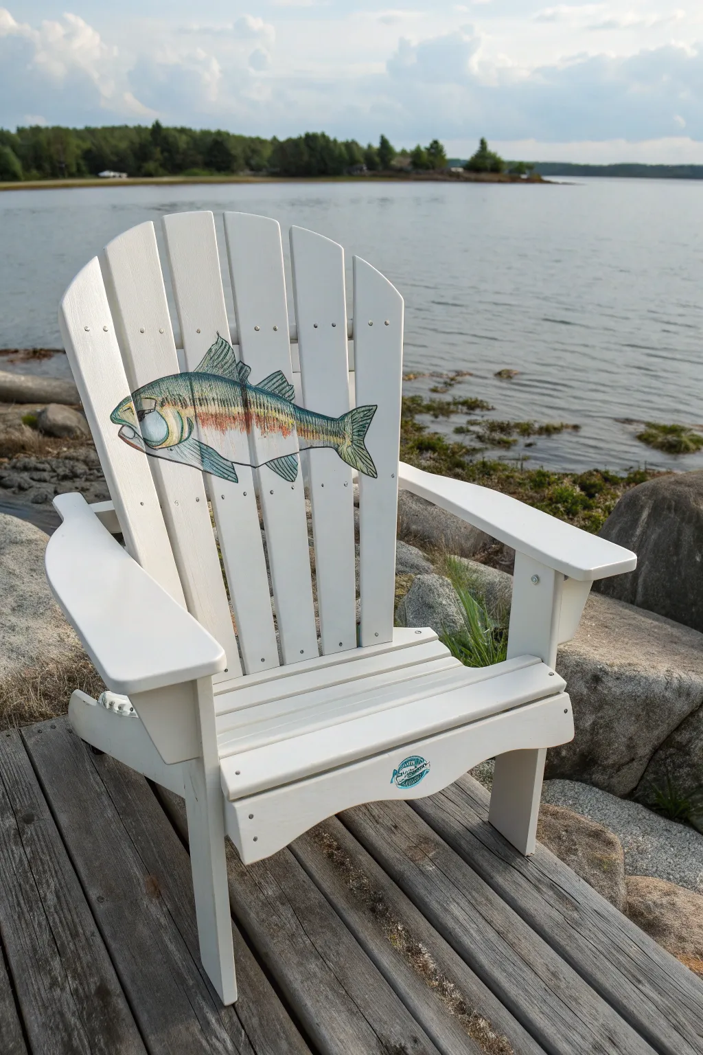 Lake life charm: a hand painted fish swims seamlessly across Adirondack chair slats