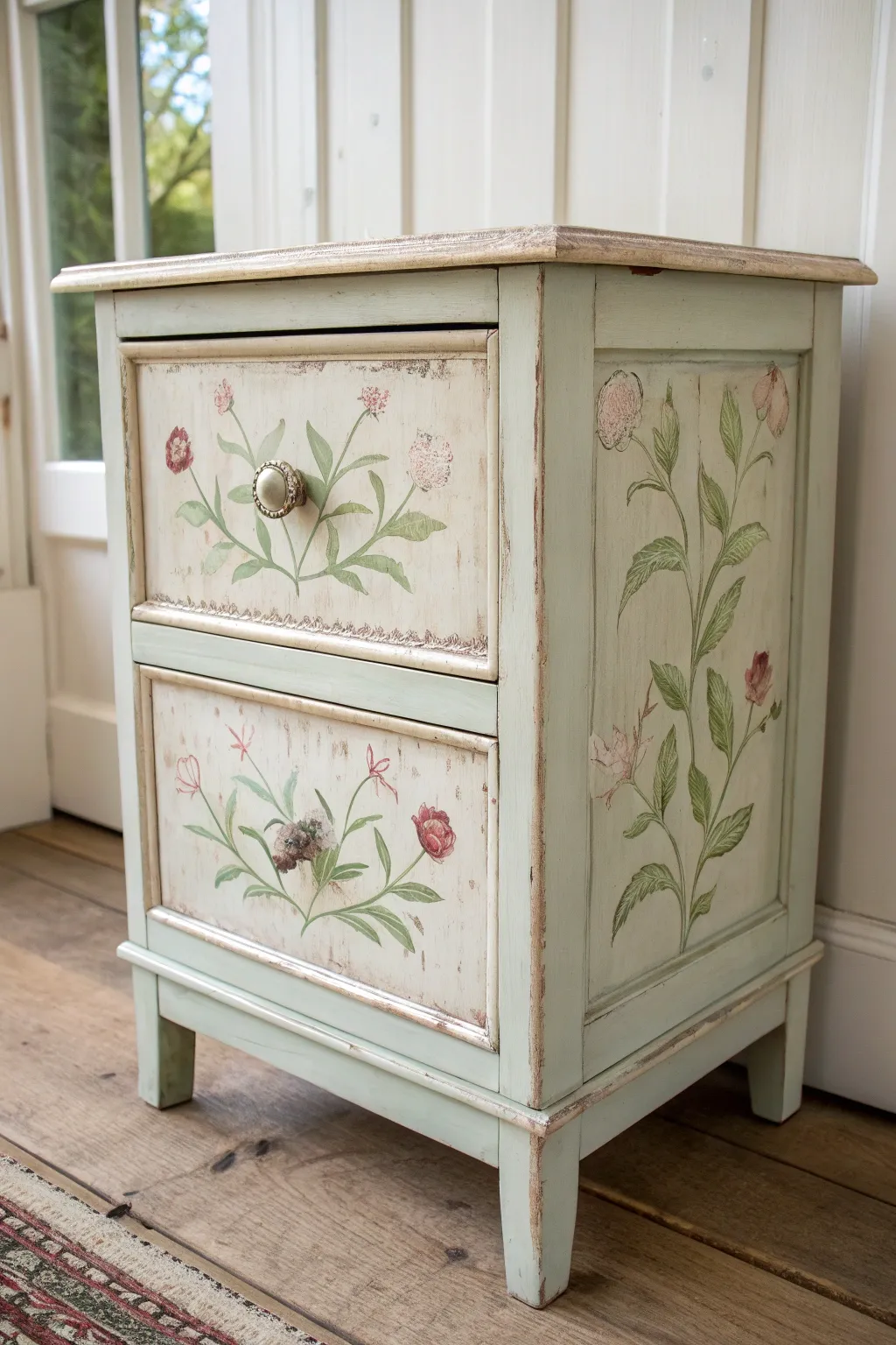 Soft vintage florals on antique vanity drawers, with visible brushwork and gentle patina