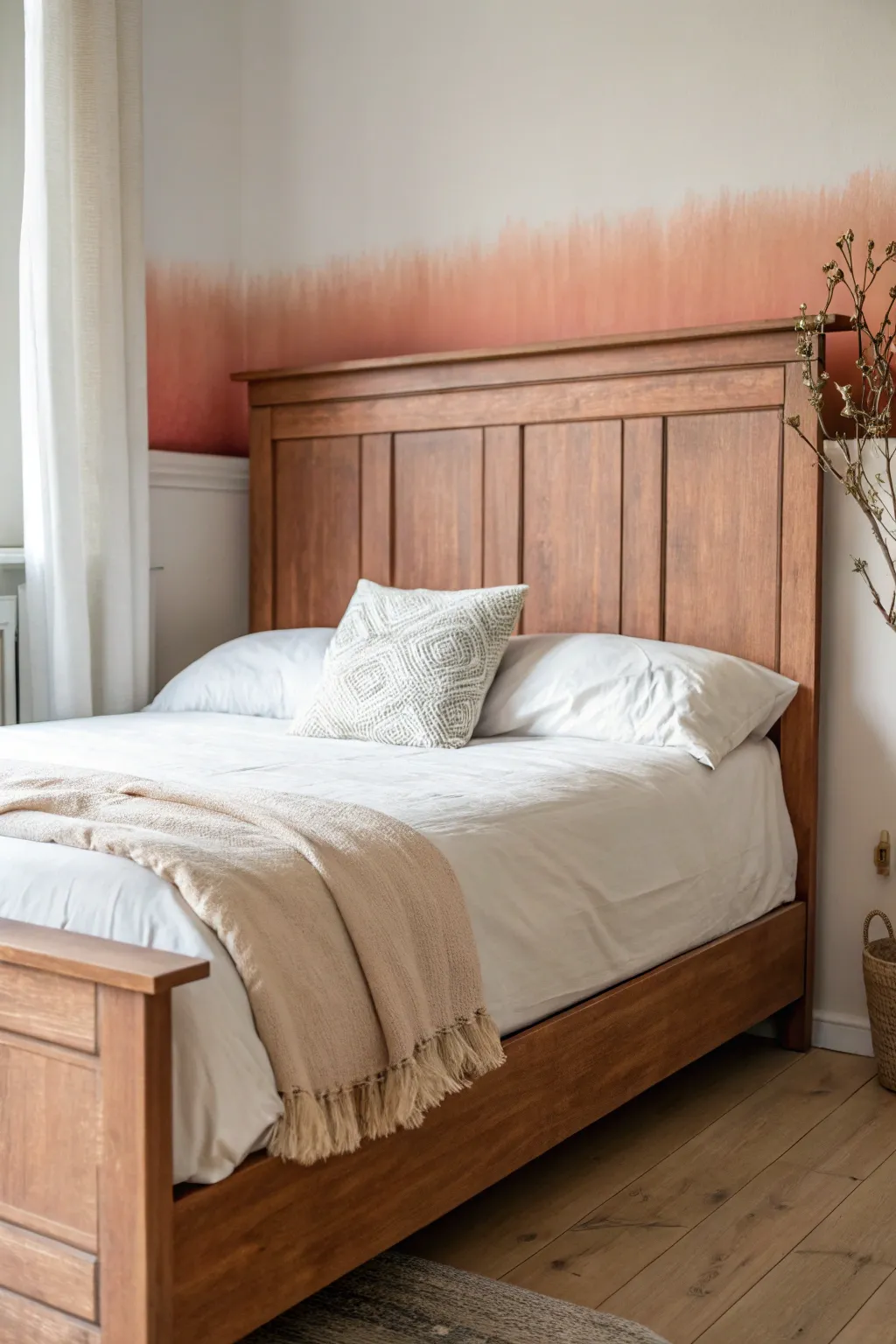 Soft ombré headboard fades upward, paired with simple linen bedding for calm minimalist vibes.