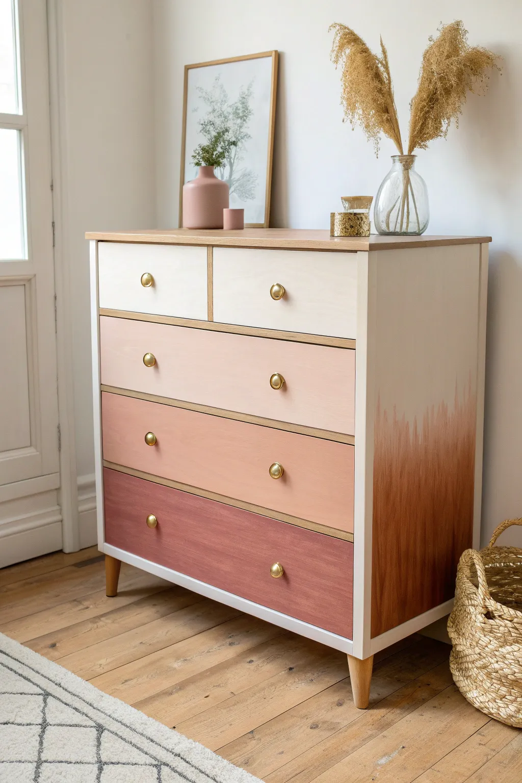 A blush-to-terracotta ombre dresser that turns bedroom storage into a minimalist art piece