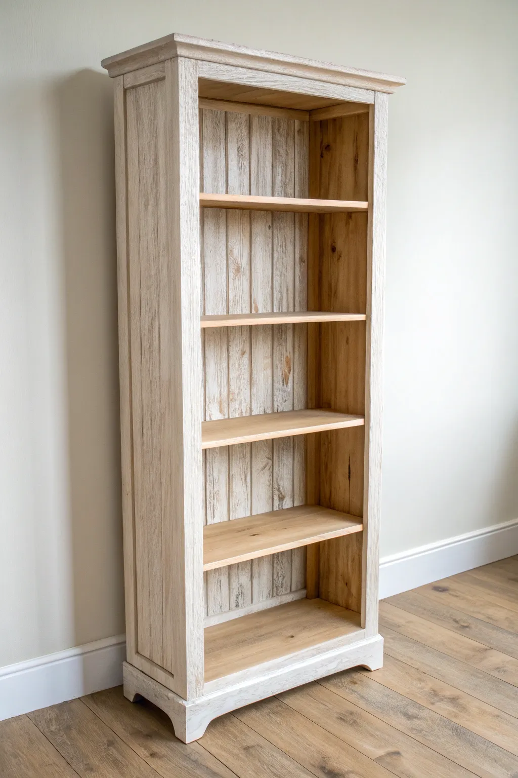 Soft whitewashed plank backing on a painted bookcase, side-lit to highlight grain and texture