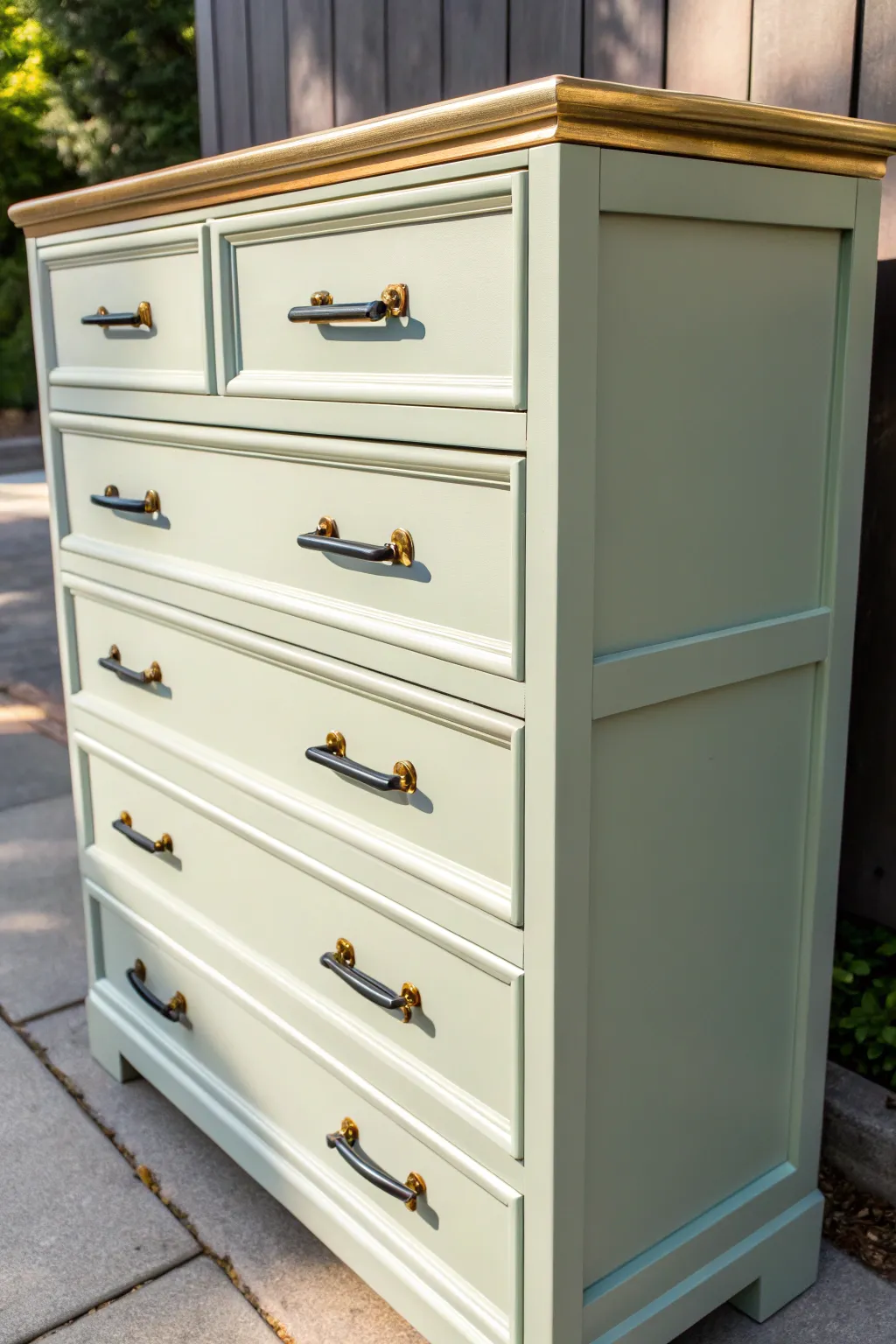 Bold hardware steals the show on a freshly painted chest, minimal lines, maximum impact.