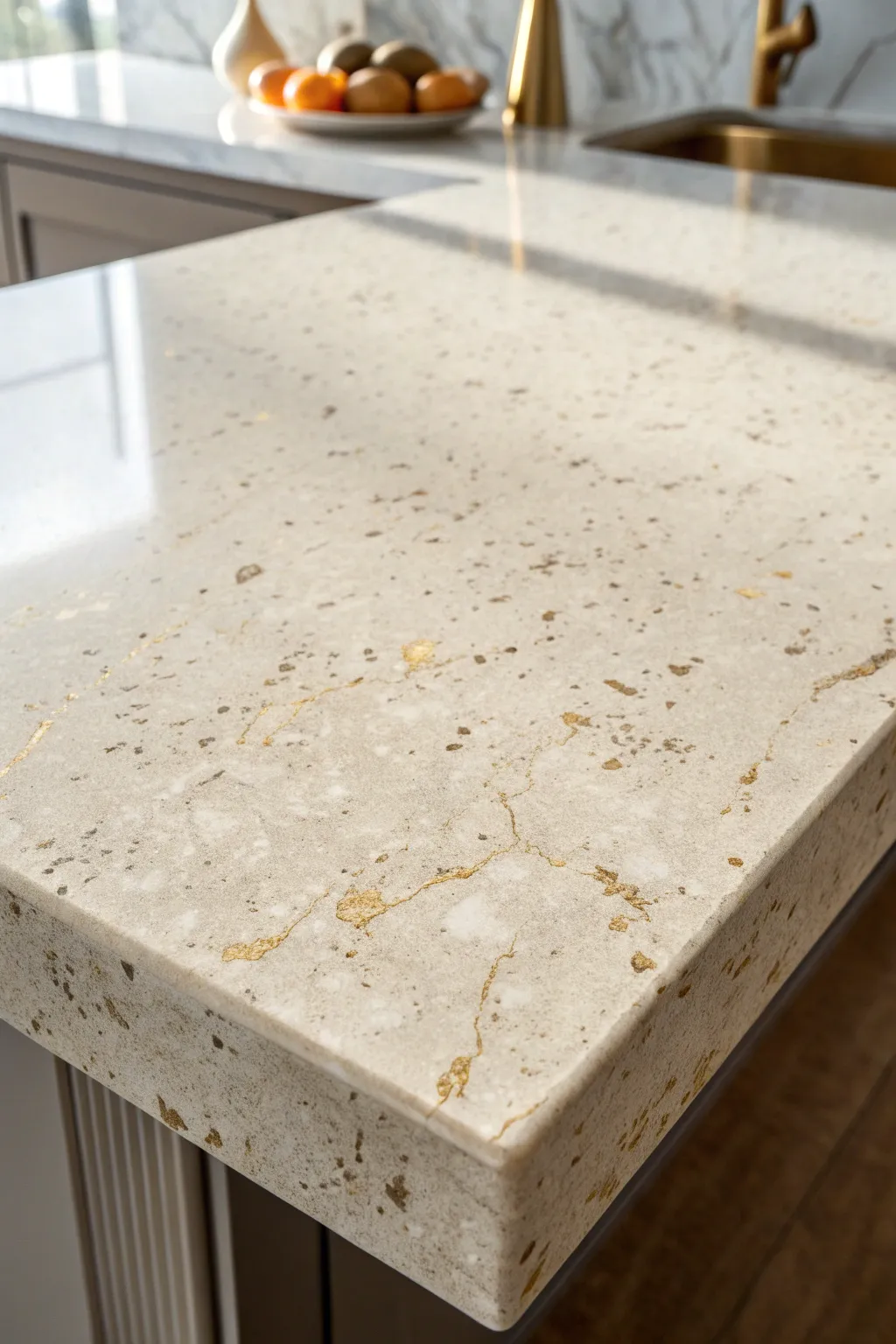 Soft stone neutrals with delicate metallic veins for a subtle glam painted countertop look