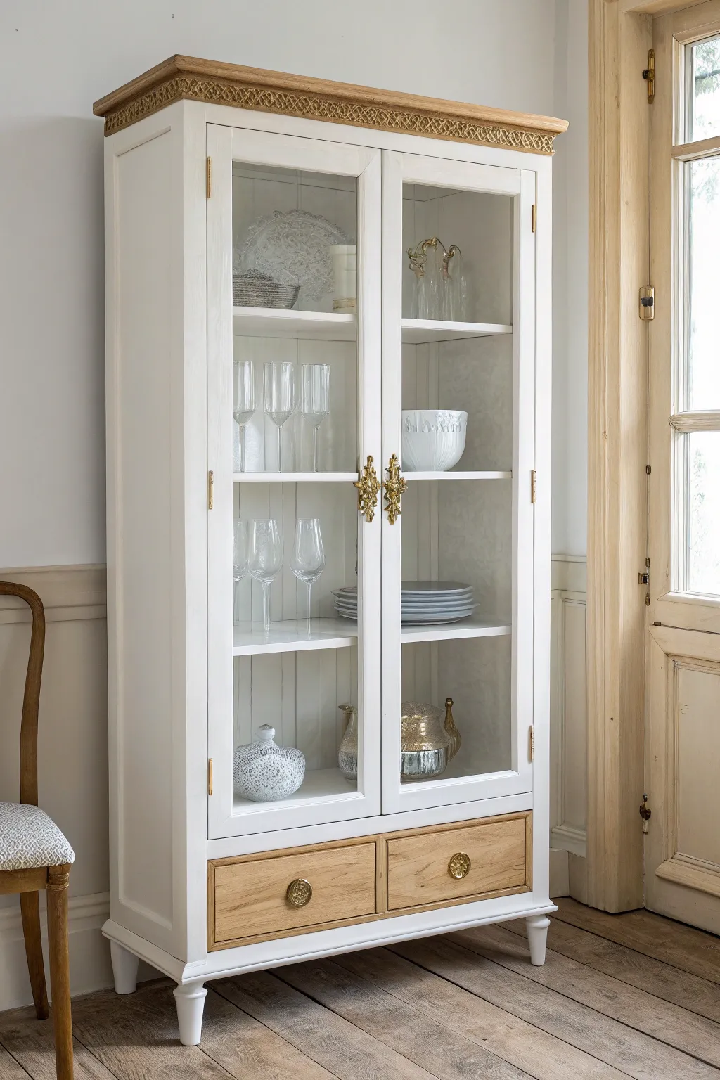 Clear vs frosted glass curio doors for soft privacy and a calm Scandinavian-boho mood