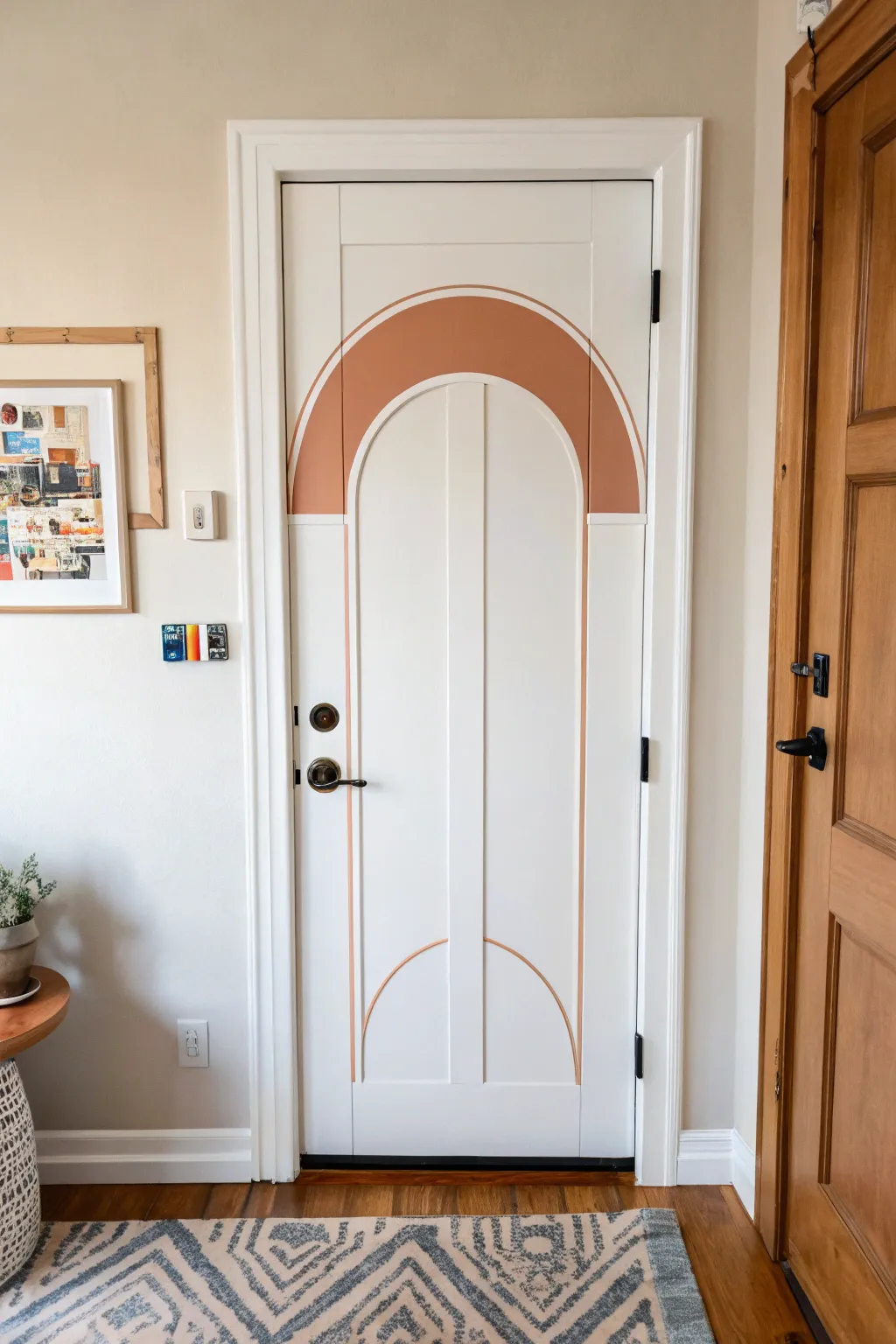 Modern painted arch on a minimalist door, crisp contrast and subtle tape lines for DIY charm