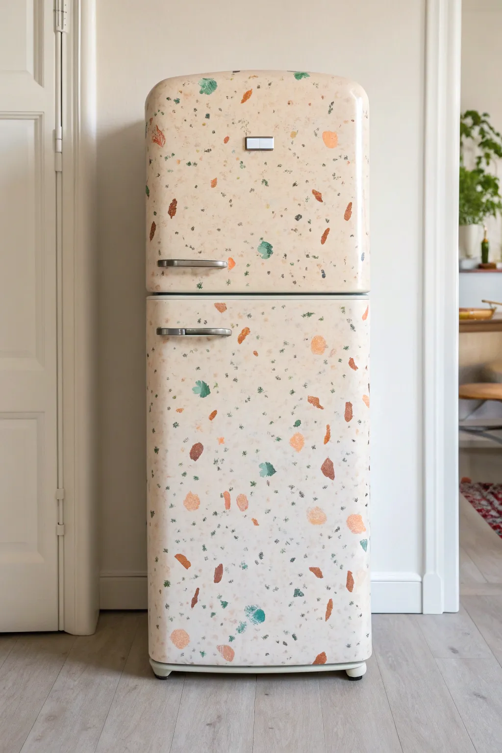 Terrazzo speckles transform a simple fridge into a playful, modern Scandinavian statement.