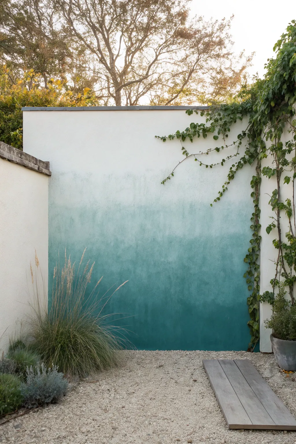 Dreamy ombre garden wall fade, deep-to-light wash with soft grasses for a misty finish.