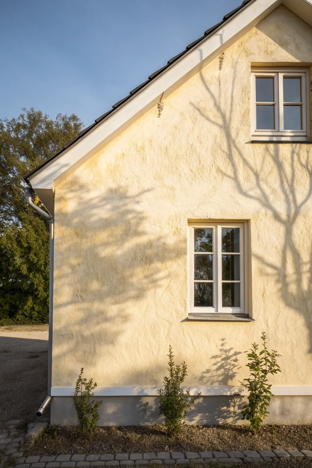 Softwash-painted facade with dreamy cloudy texture, minimal lines, and calm Scandinavian warmth