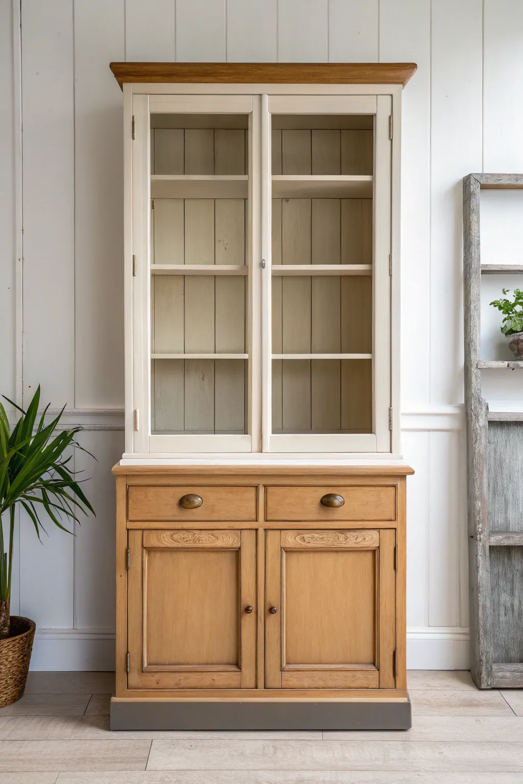Minimal painted hutch with ombre shelves shifting from creamy light to rich earthy tones