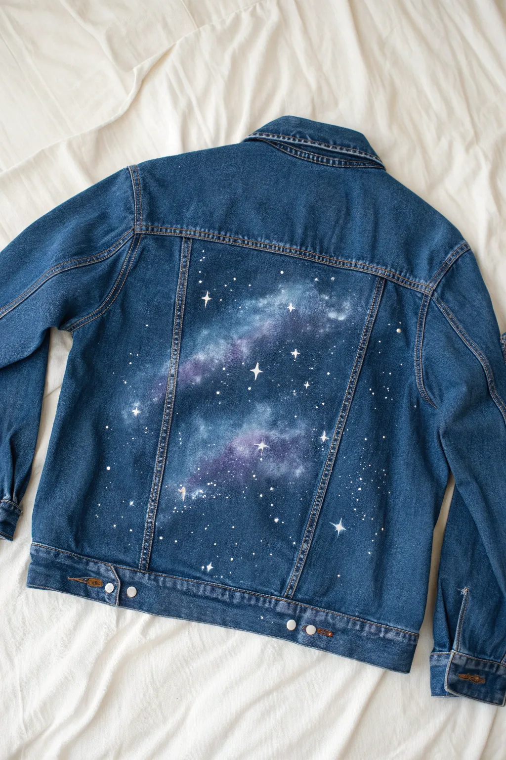 Galaxy splatter jean jacket back panel with intentional drips, styled in calm minimalist flat lay.