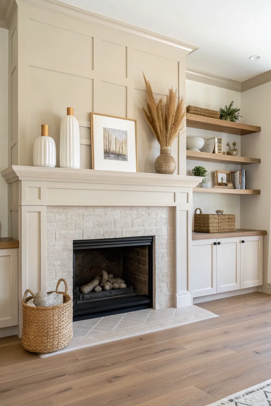 Cohesive clay-painted mantel and built-ins, lightly styled for a calm Scandinavian boho look