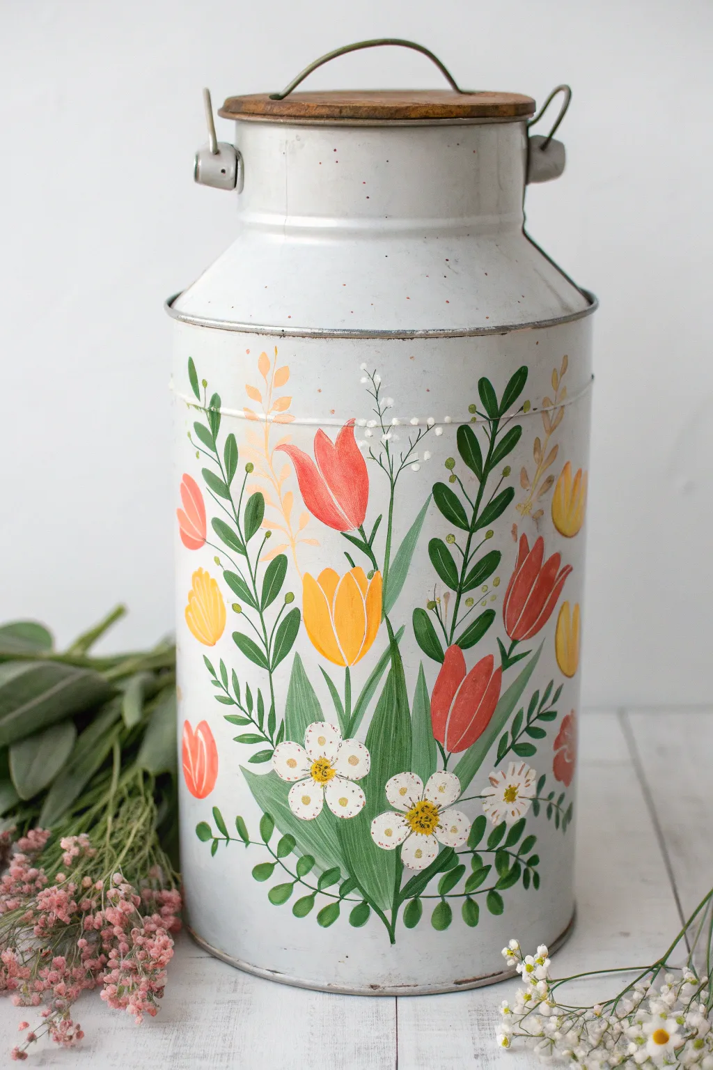 Seasonal spring swap: a hand painted milk can with bright florals in an airy minimalist style
