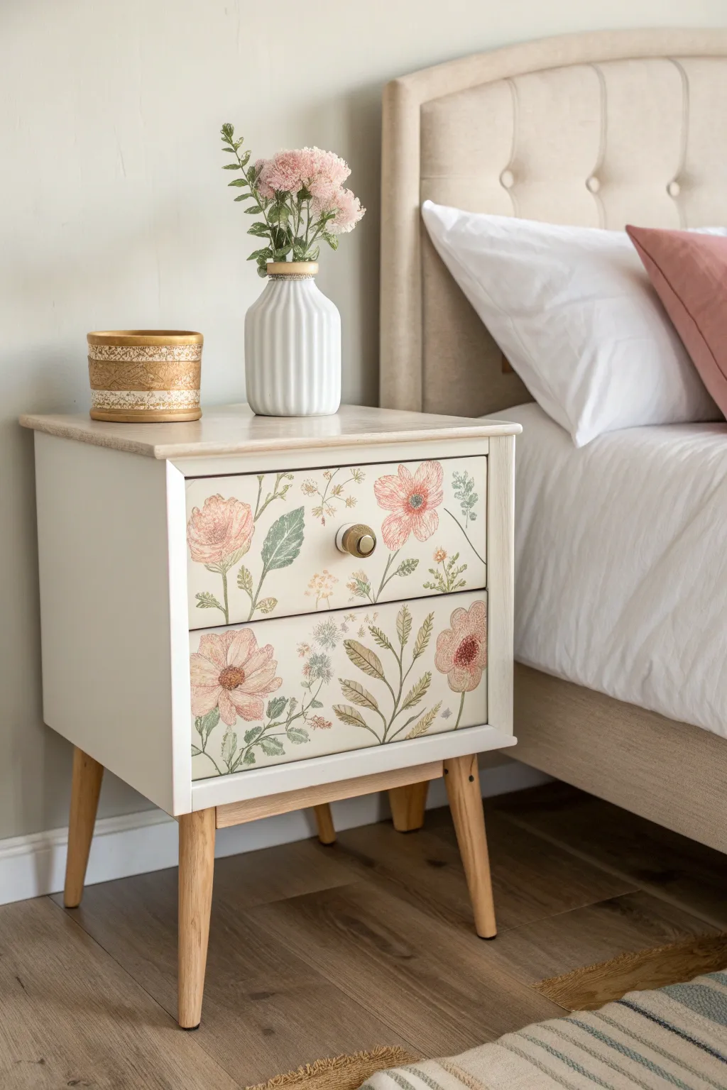 Hand-painted floral panels add a soft boho touch to a clean Scandinavian nightstand.