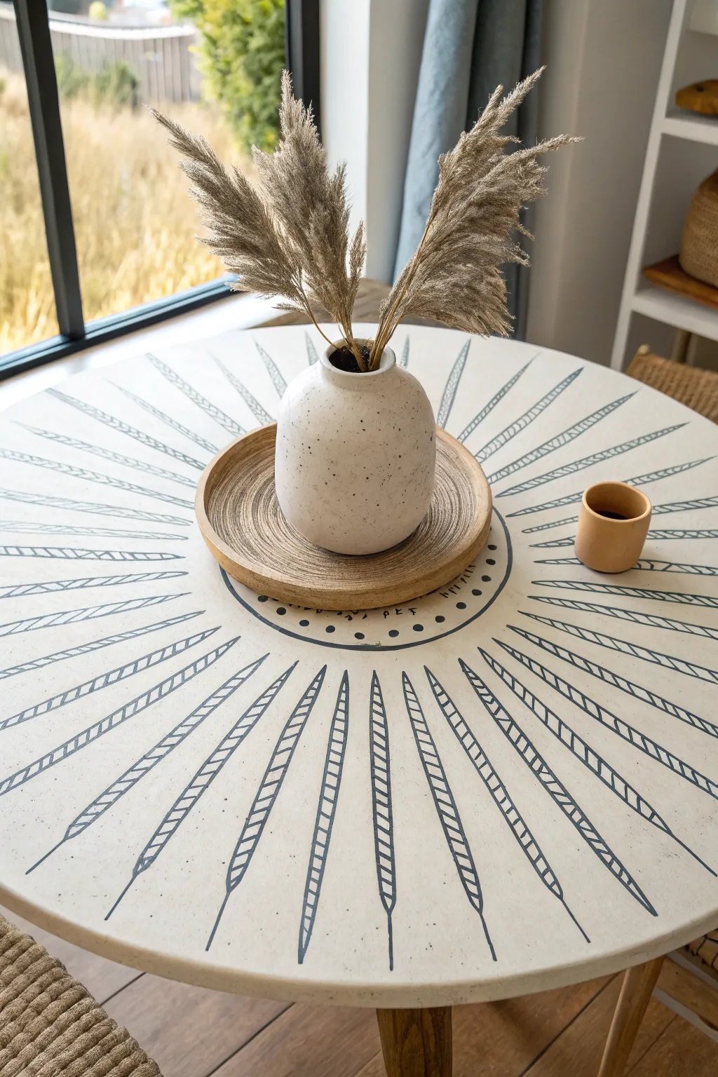 Sunburst rays on a painted round tabletop, anchored with a simple vase for calm boho minimalism