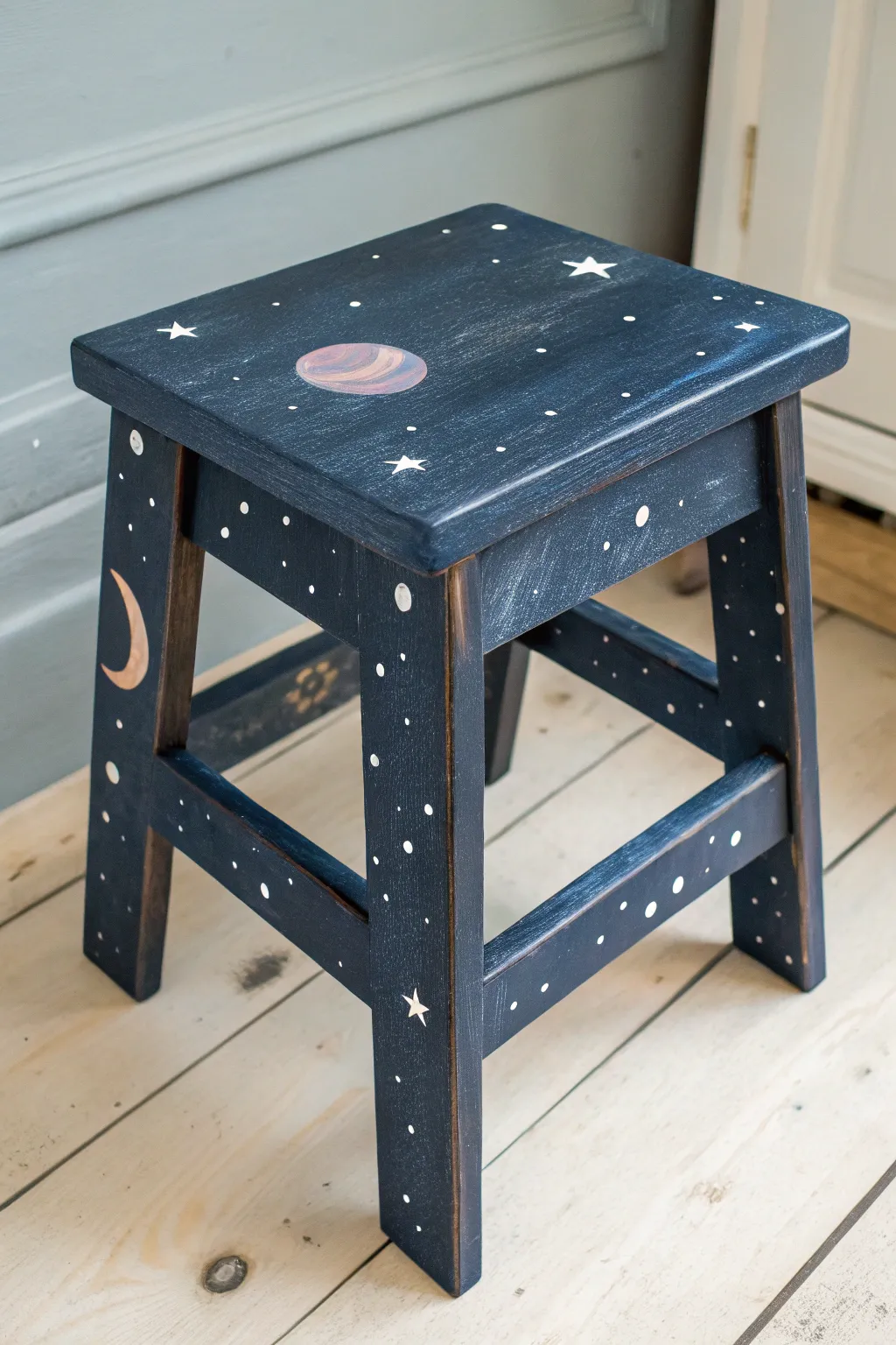 Outer space night-sky step stool with dreamy star speckles and minimalist planets