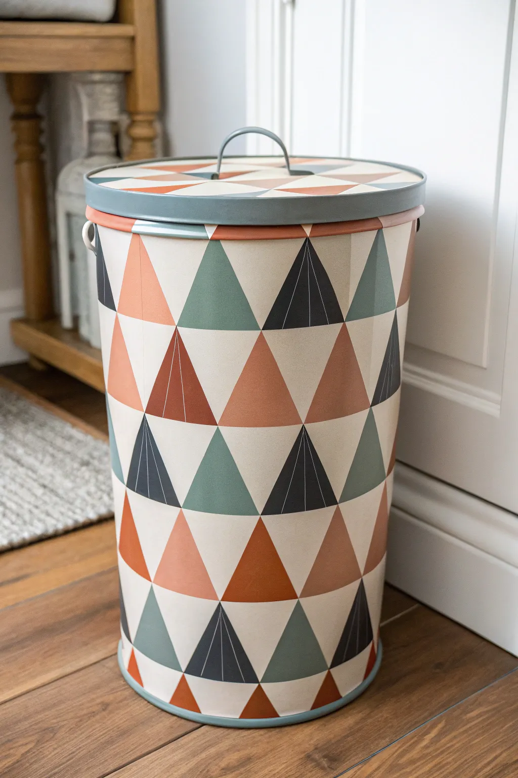 Bold abstract geometry turns a simple trash can into modern Scandinavian boho decor.