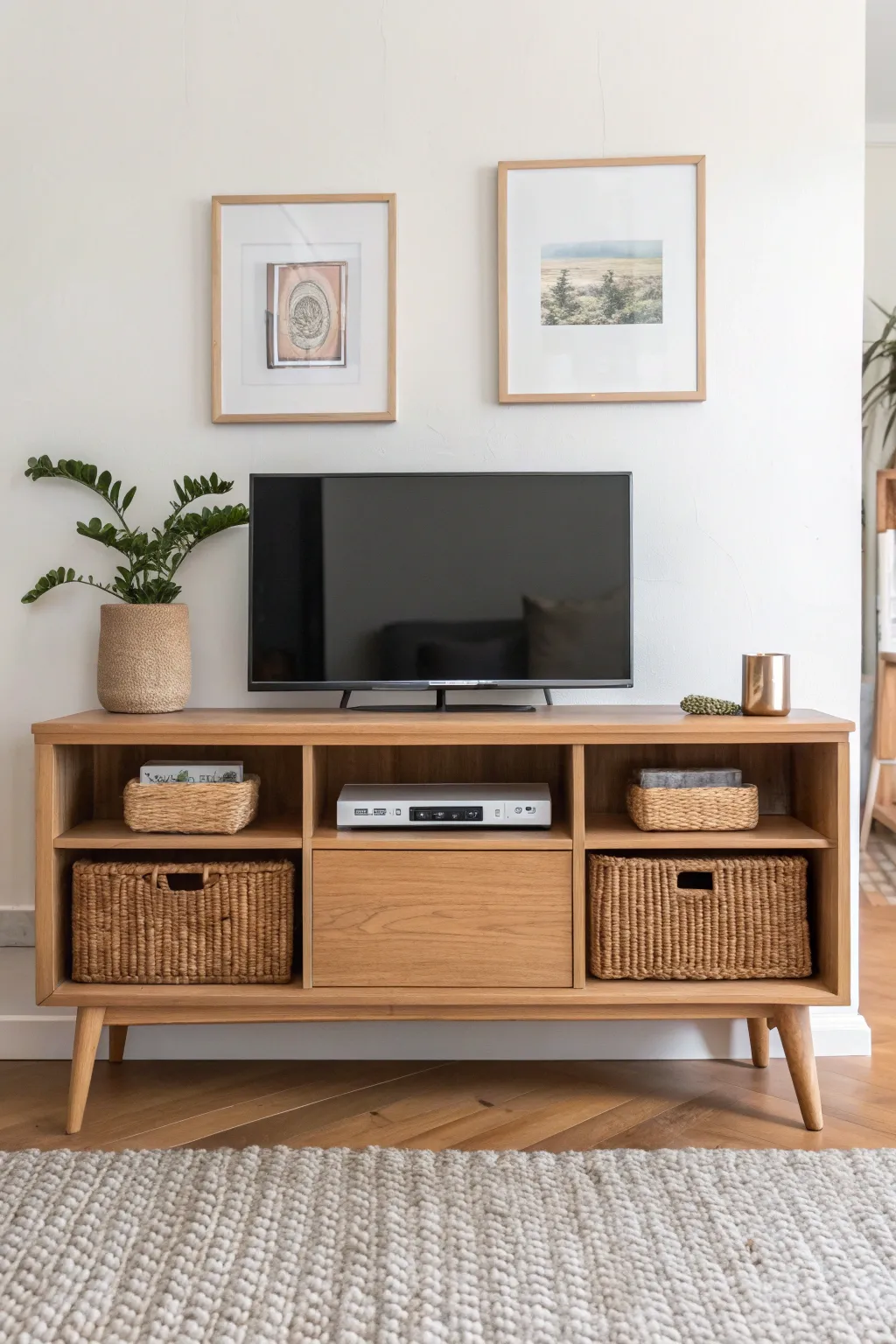 Contrast-painted cubbies turn a simple TV stand into a calm, curated focal point.