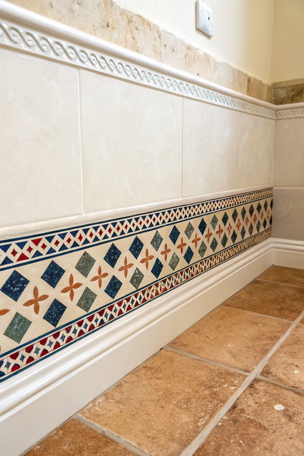Moroccan-inspired stencil tile border band for a minimalist bathroom wall, crisp contrast and warmth