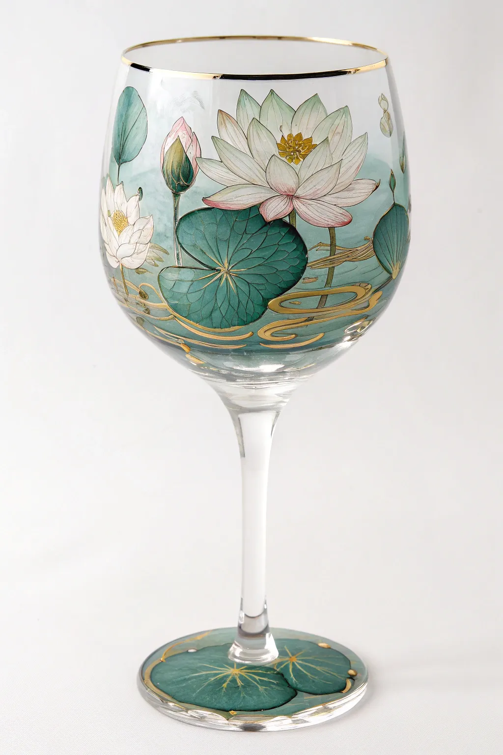 Water lily pond wine glass painting with lily pads and soft florals in serene, moody light