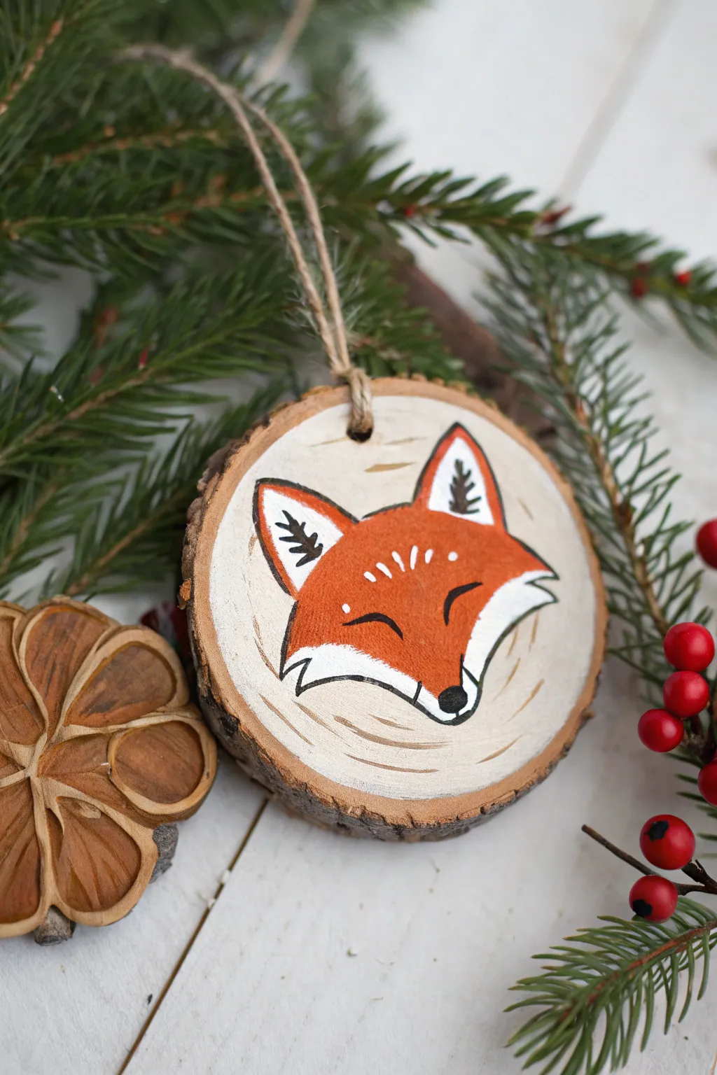 Minimalist fox wood slice ornament with a tiny winter wreath for a cozy woodland touch