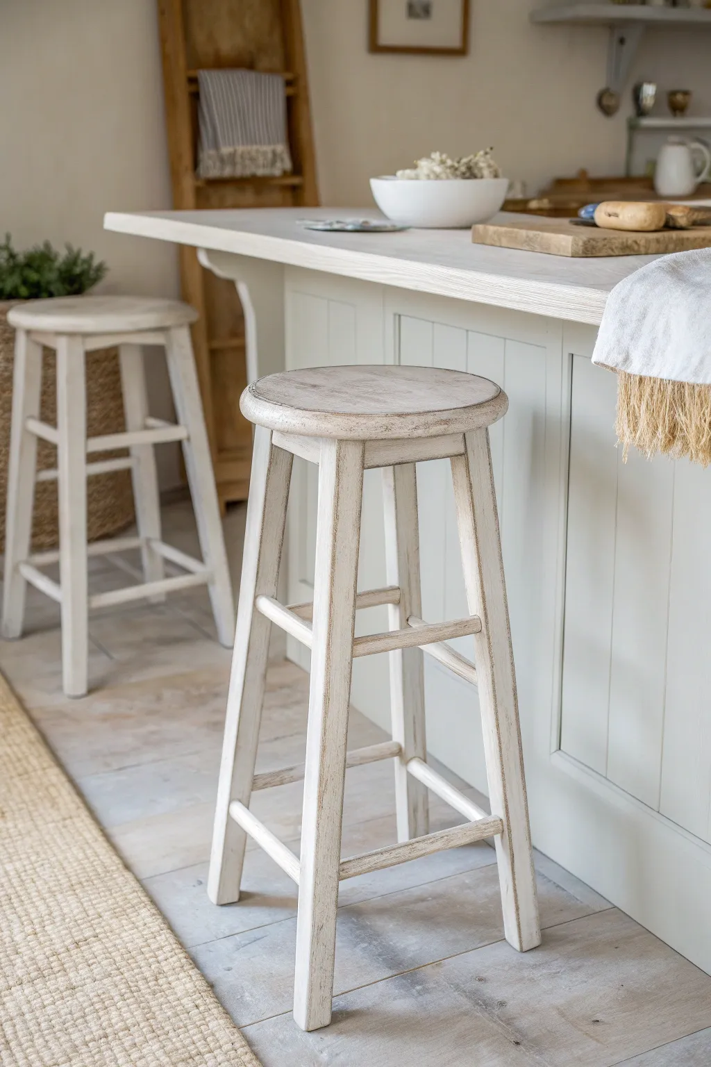 Matte chalk-painted bar stool with a soft farmhouse look and powdery texture in focus.