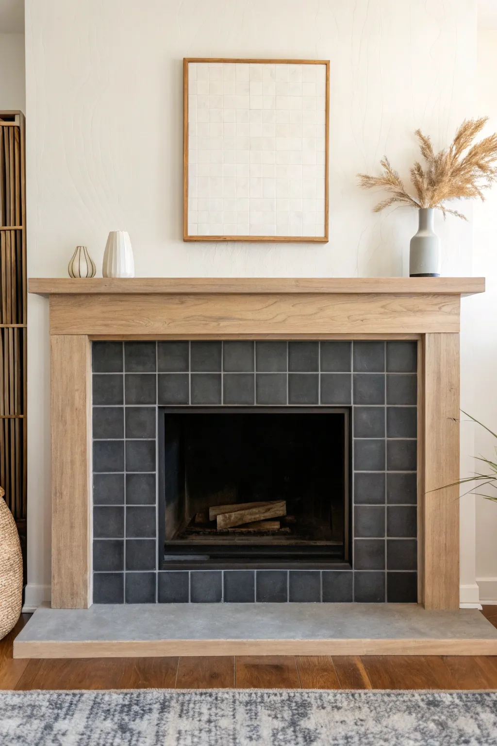 Ombre fireplace tiles fading from charcoal to ivory for a calm, modern statement