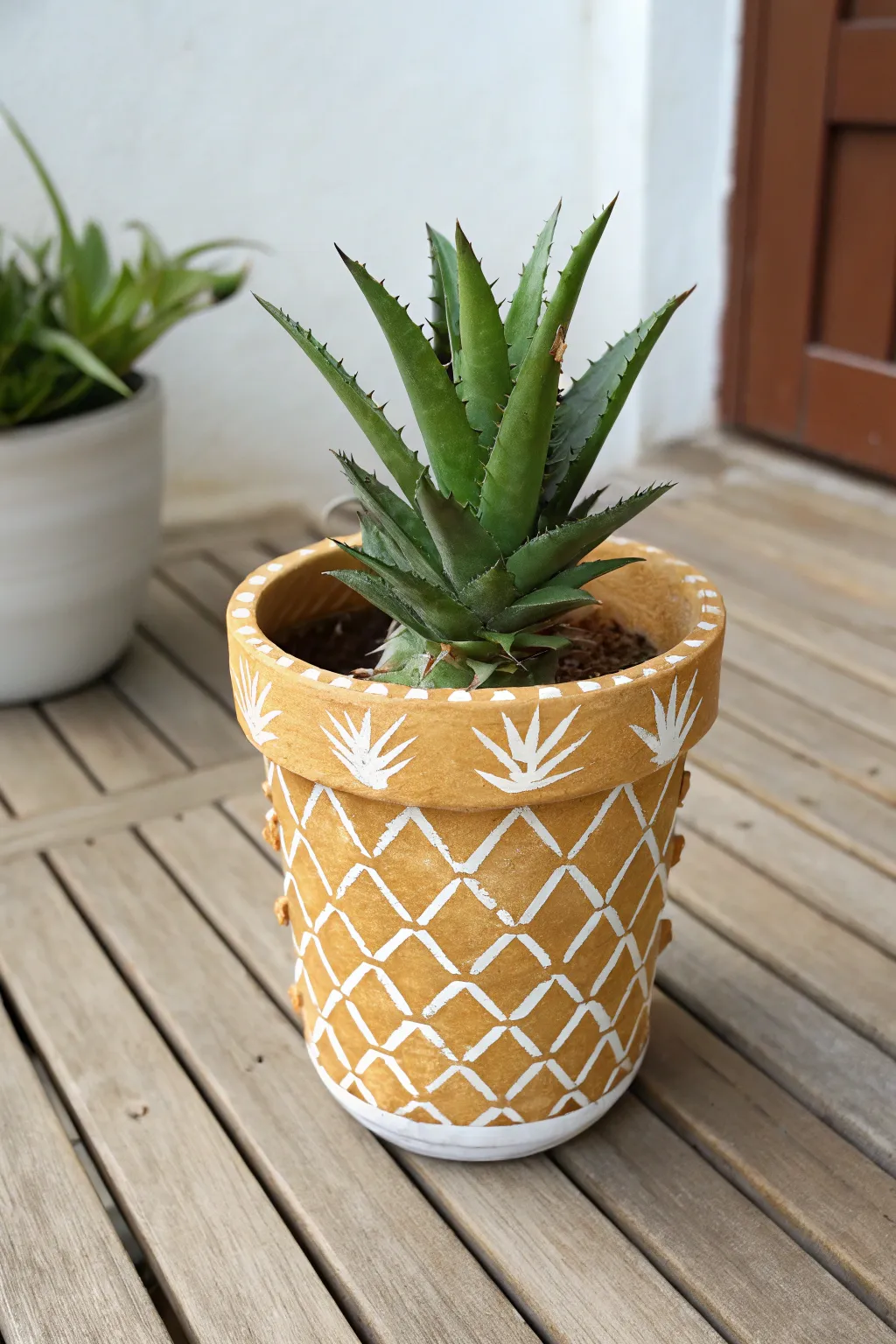 Pineapple painted pot with a spiky crown plant, minimalist boho patio styling and crisp contrast