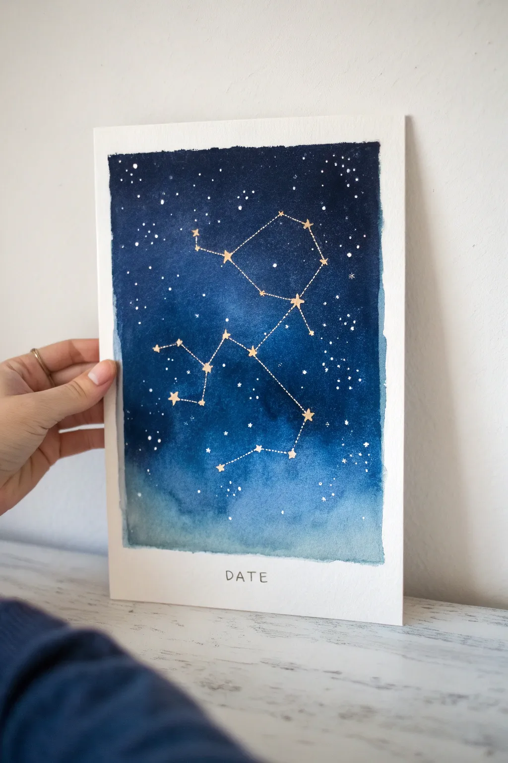Indigo constellation painting with metallic shimmer and a meaningful date, made for gifting