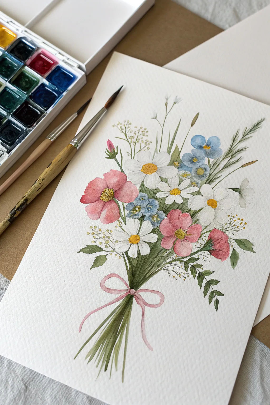 Three color bouquet painting with matching palette, minimalist and beginner friendly.