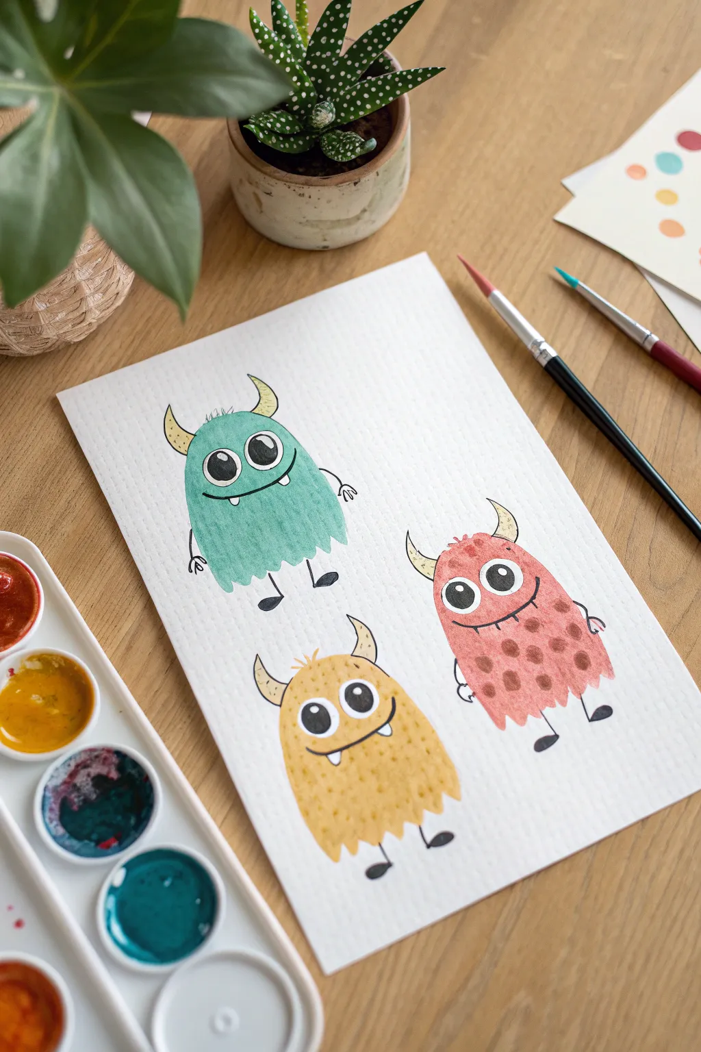 Blow-paint branches become silly monsters with easy eyes and horns, perfect for 10-year-olds