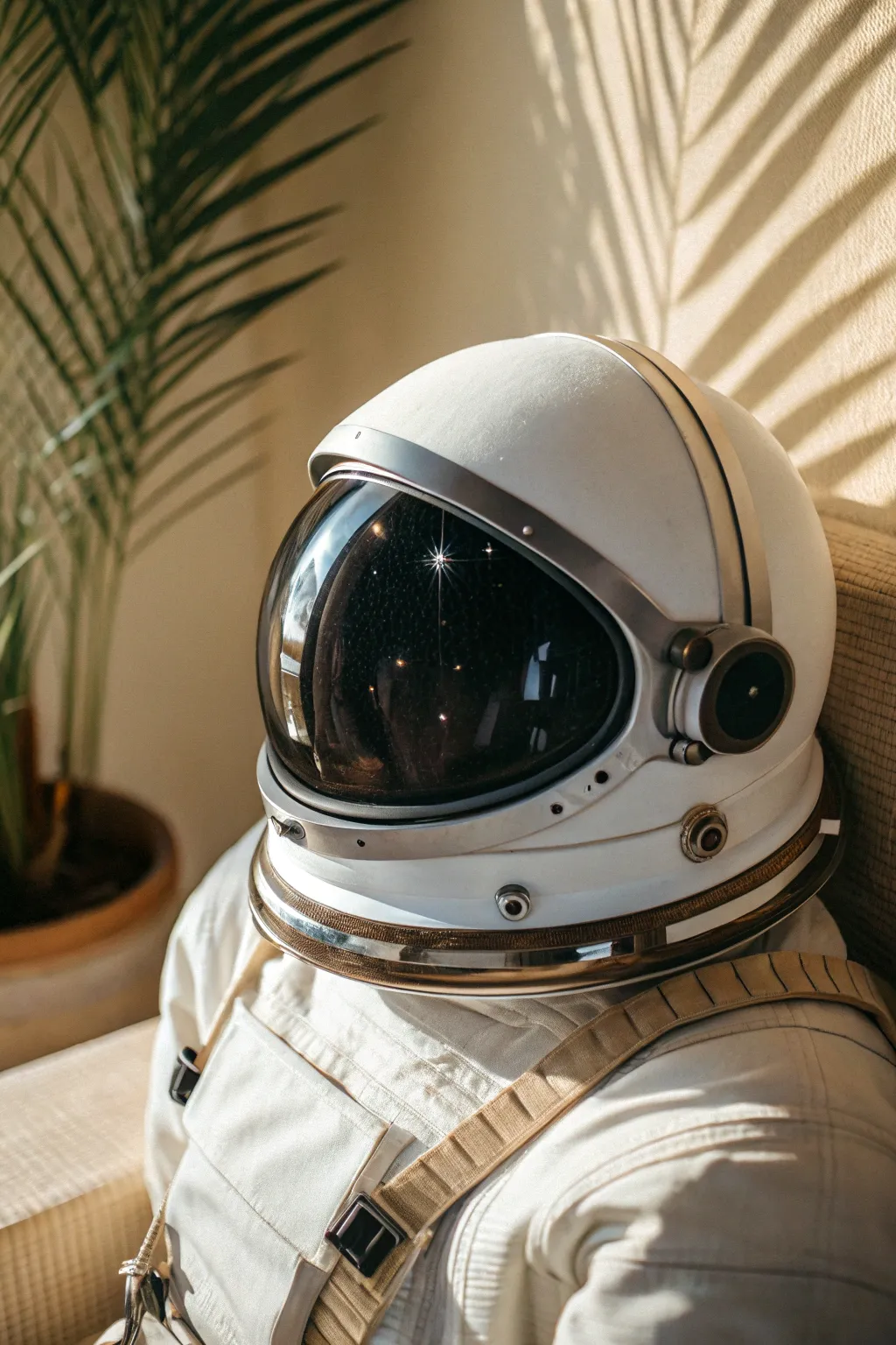 Faceless astronaut helmet with starry visor reflection, minimalist yet dramatic space mood