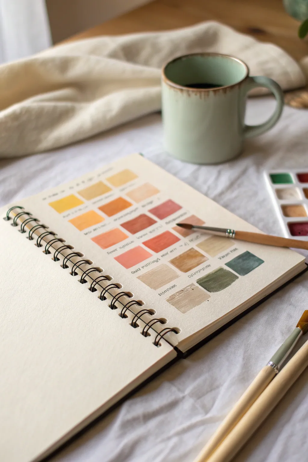 Cozy mood palette art journal page with swatches and abstract doodles for teen feelings