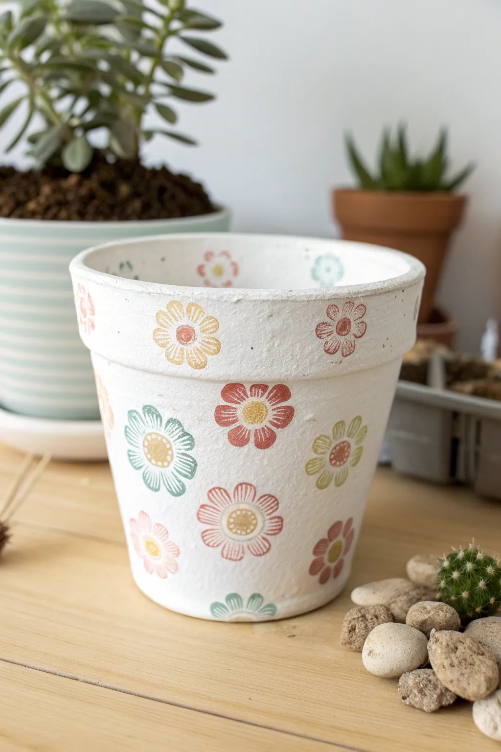 Easy fingerprint flowerpot gift idea with soft pastel blooms and cozy minimalist styling