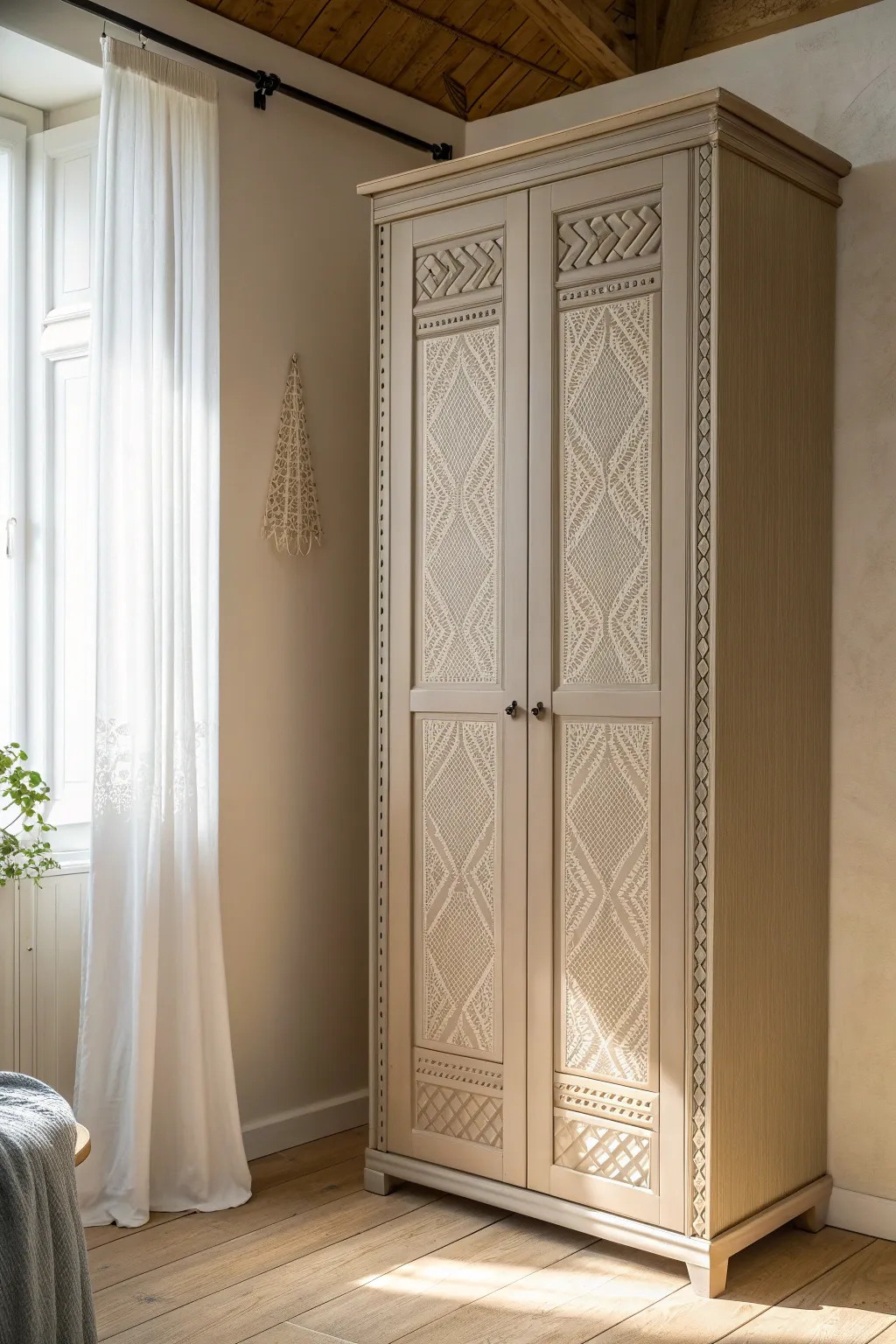 Side lighting reveals raised stencil texture on a softly painted wardrobe accent, minimal and boho.
