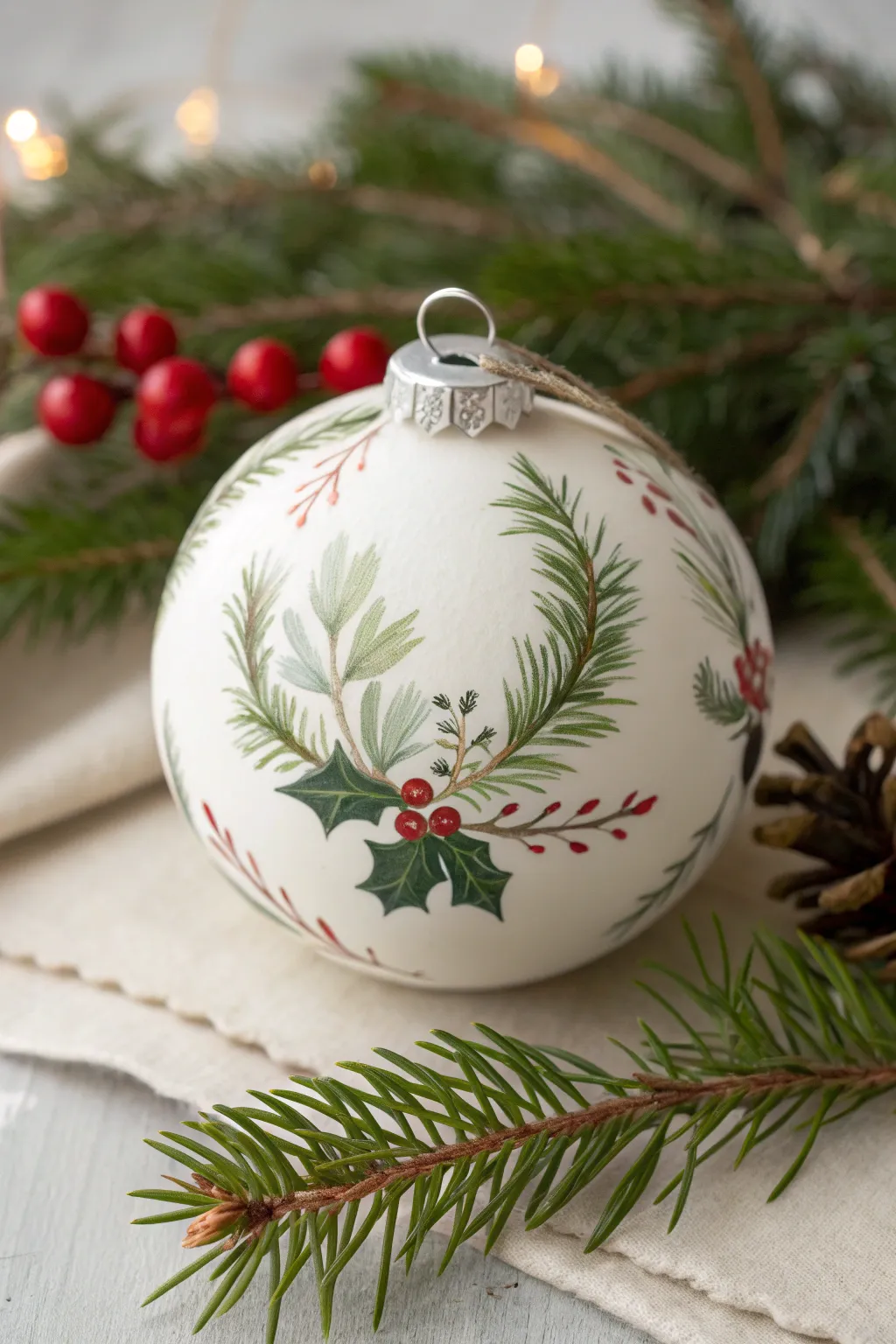 Minimalist botanical ornament with painted holly, cedar, and pine sprigs plus red berries