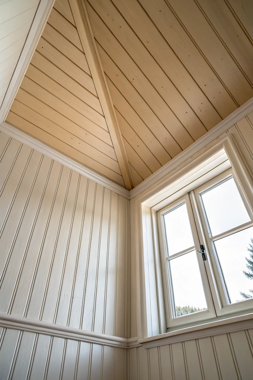 Two-tone paneling and ceiling paint creates an instant shape-shift in a calm, modern room