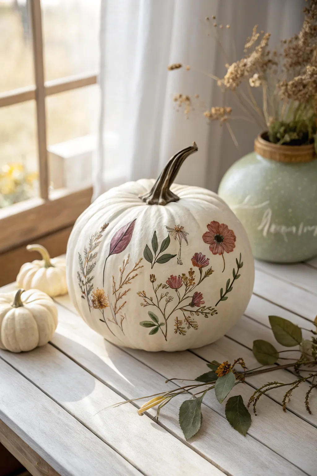 White pumpkin with soft wildflower wraparound painting, minimalist boho autumn charm